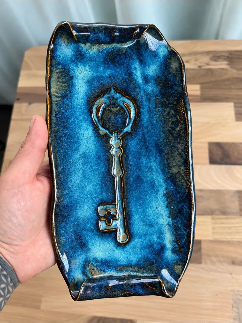 Handmade Studio Pottery Blue Reactive Glaze Skeleton Key Trinket Catchall Tray